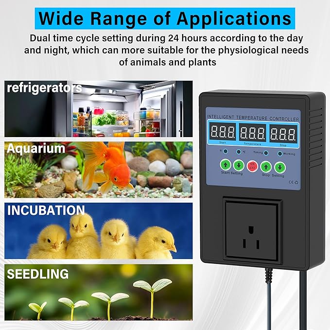 Intelligent Digital Temperature Control Sensor Regulator 100V-240V 15A -20℃-120℃ Heating/Cooling Thermostat Control Switch with LED Display Monitor,Suitable for Incubators,Brooders,Refrigerators