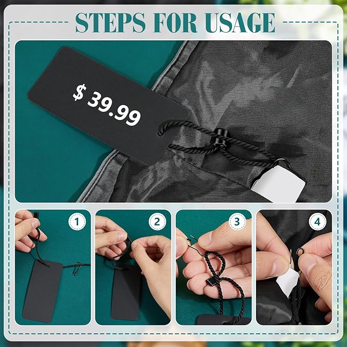 1000 Set Black Price Tags with String, 3.54x1.57Inch Clothing Tags with Safety Pins Writable Label Hang Tag Blank Marking Tag for Clothes Crafts Display Arts Gift Wrapping