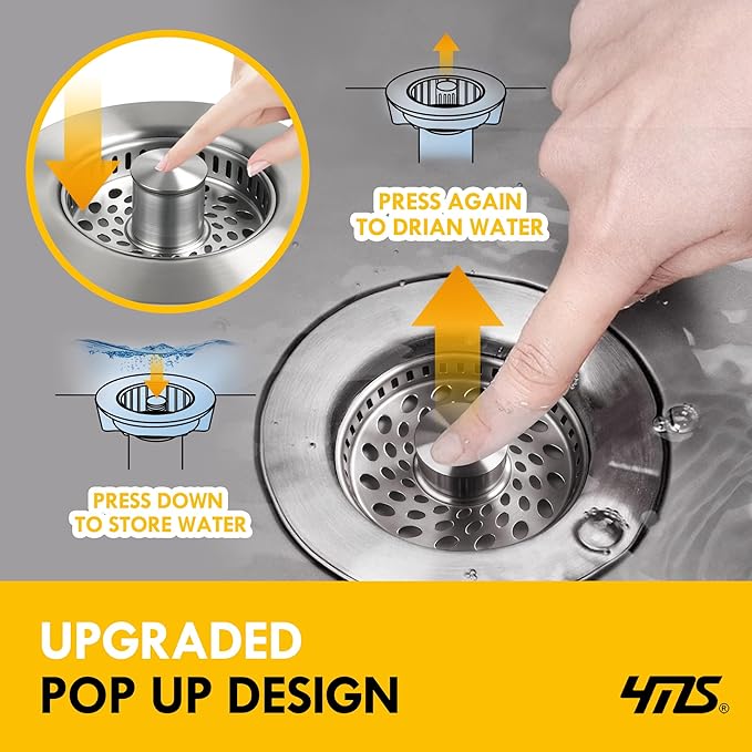 5-in-1 Stainless Steel Sink Aid, Kitchen Sink Drain Strainer Food Catcher, Popup Kitchen Sink Stopper & Odor Filter, Kitchen Sink Strainer Accessories with Drain Basket (Classic Brushed)