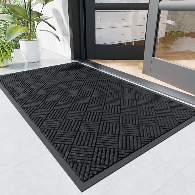 Durable Indoor Outdoor Door Mat, 3' x 6' Heavy Duty Front Door Mat for Entryway, Non-Slip Backing, Stain and Fade Resistant, Absorbent Commercial Floor Mat for High Traffic Area, Black