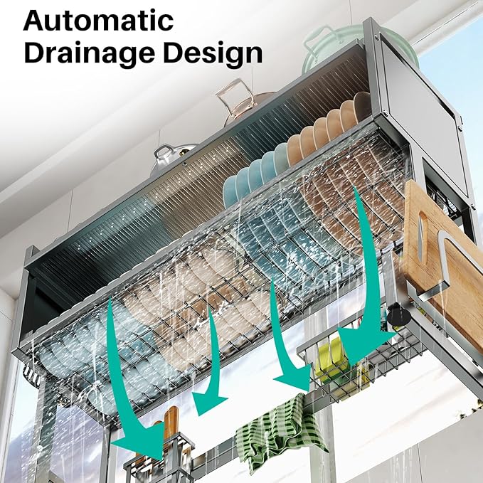Over The Sink Dish Drying Rack with Cover, Over The Sink Dish Drainer Drying Rack 3 Tier Dish Rack, Keep Kitchen Sink Shlef Organized Space-Saving for Dishes and Cutlery (Matte Gray, 37.4" Length)