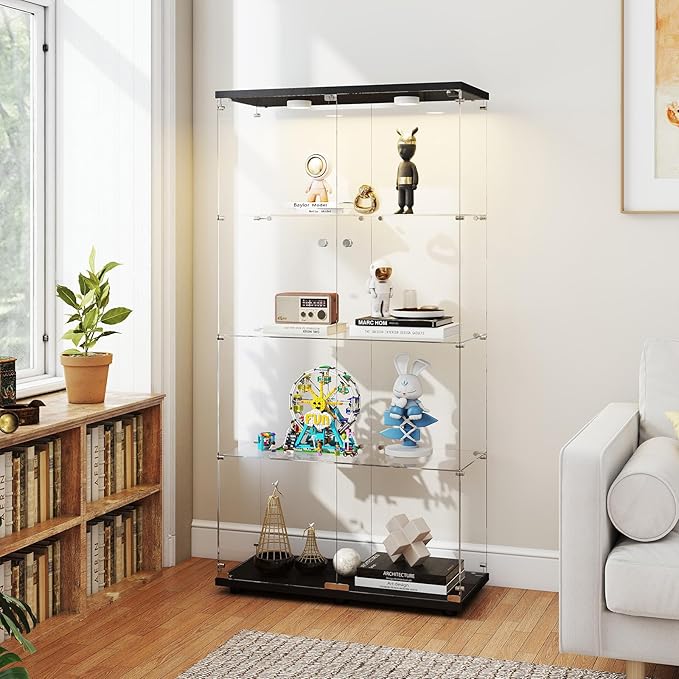 Tempered Glass Display Cabinet with Lights, 4-Tier Curio Cabinet with Glass Doors and Lock, Glass Display Case for Collectibles, for Living Room, Bedroom, Office, Black, Double Door