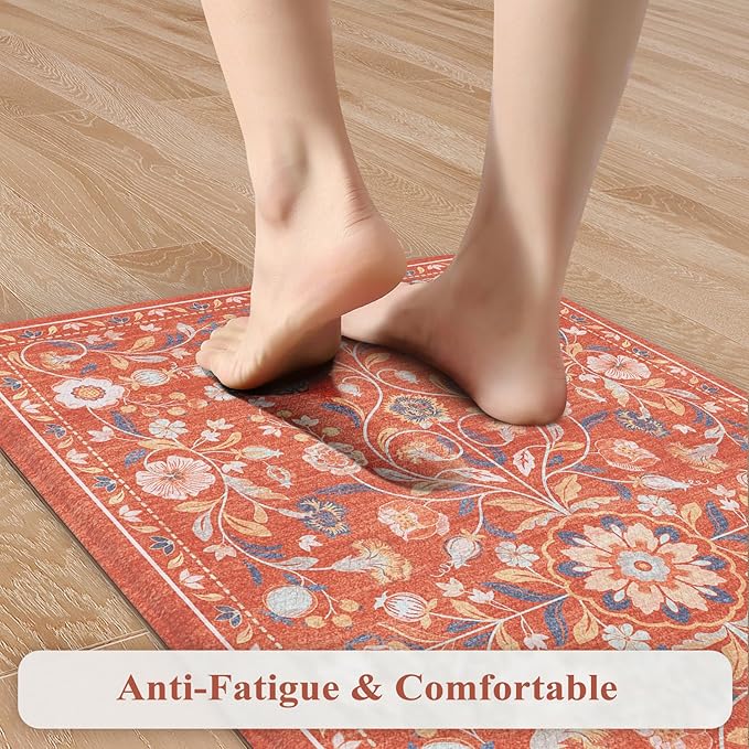 KIMODE Anti Fatigue Mat for Kitchen Floor Non Slip,Boho Vintage Floral Kitchen Rugs Sets of 2,Cushioned Memory Foam Waterproof Standing Carpet for Laundry Sink Home,Red