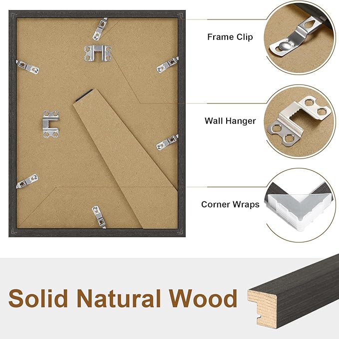 Vittanly 8.5x11 Picture Frame Set of 2, Solid Wood Frame for Wall or Tabletop, Display Photo 6x8 with Mat or 8.5x11 without Mat, Black