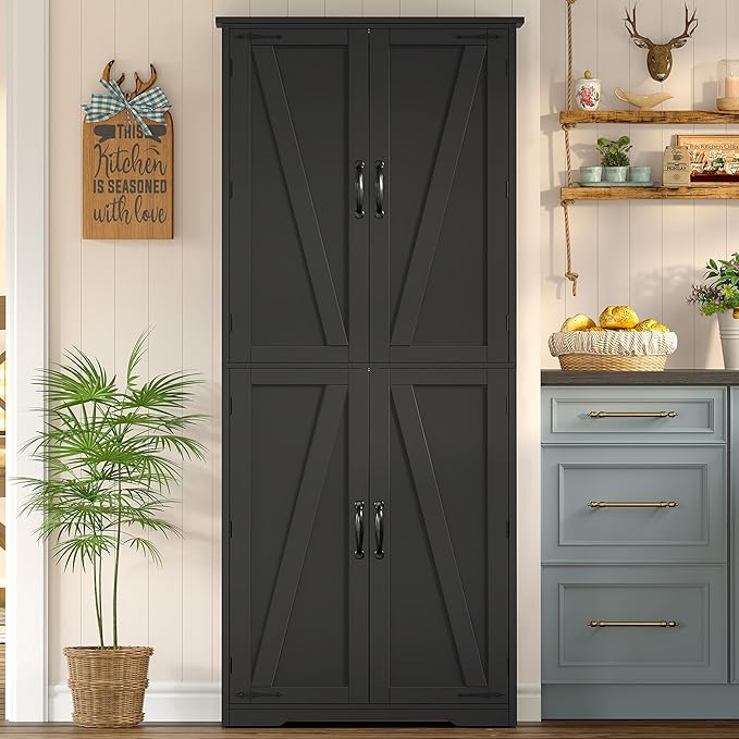 TEENFON Tall Storage Cabinet, Kitchen Cabinet with 4 Shelves, Adjustable Shelves, Pantry Cabinets with 4 Barn Doors, Tall Kitchen Cabinets for Dining Room, Living Room, Black