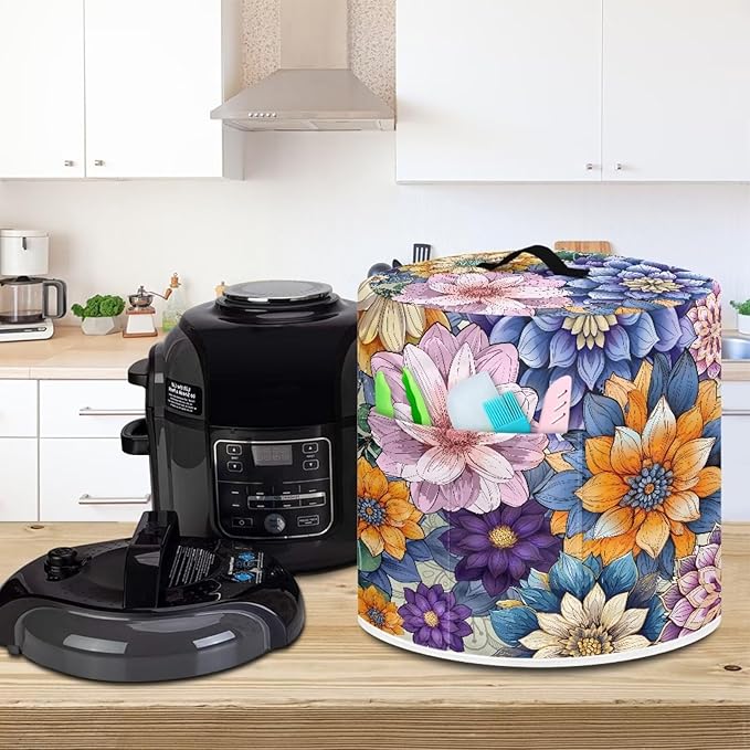 Air Fryer Cover Dust Cover, Washable Small Appliance Covers for 8 Quart Air Fryer & Pressure Cooker Kitchen Appliance Accessories with Pockets, Bright Blossom