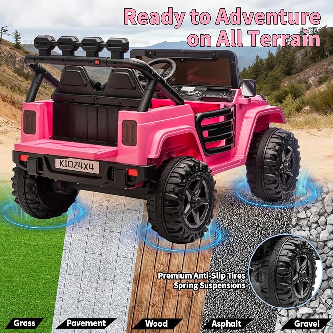 2 Seater Ride on Car Toy for Kids, 24V 4x4 Ride-on Truck, w/Parent Control, Soft Start, 3 Speed, 4-Wheeler Suspension, Bluetooth, LED Lights, Electric Car for Kids Toddler Ages 3-8, Pink