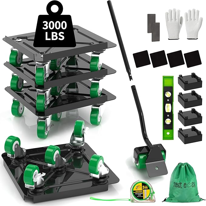 Heavy Duty Furniture Dolly 360° Rotating 5 Wheels, Alloy Steel Furniture Movers Up to 3000 lbs/1360 Kg Load Capacity with Measure Tape and Leveler (5.3x5.3 in)