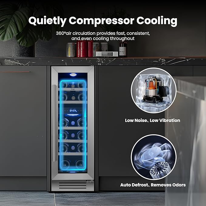 Yeego Wine Fridge Cooler - 12 Inch Wine Fridge Hold 17 Bottles, 40-65°F Dual Zone Wine Refrigerator Glass Door, Built in Fridge, Freestanding or Adjustable Shelves Fridge for Home Bar Office