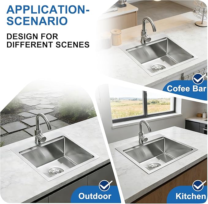 Scamall 18x18x10 Drop In Kitchen Sink Workstation, Brushed Silver 304 Stainless Steel Deep Single Bowl with Quick Drainage & Tarnish-Free Surface for Bar, Laundry, RV, Includes Accessories