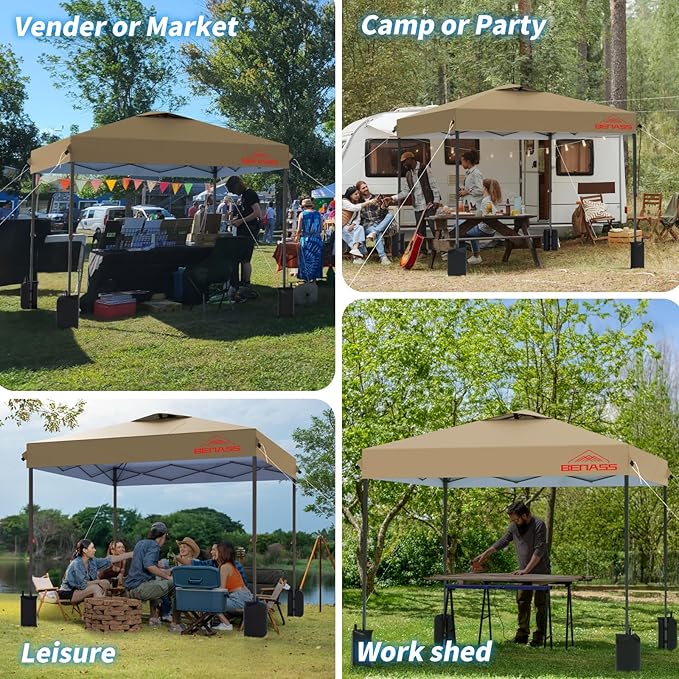 8x8 Pop Up Canopy, Easy Up Canopy Tent, Heavy Duty Tents for Parties, One Person Set Up Event Tent, Khaki