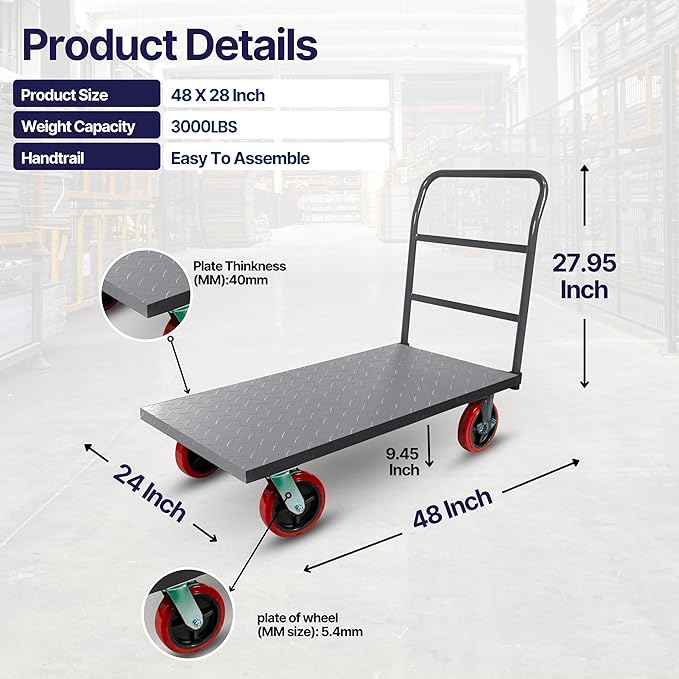 5Seconds Flatbed Platform Cart 3300LB Industrial Dolly Heavy Duty 48” x 24” Platform Hand Push Truck Super Heavy Duty Diamond Plate Flatbed Cart 8'' Swivel Wheels with Lock