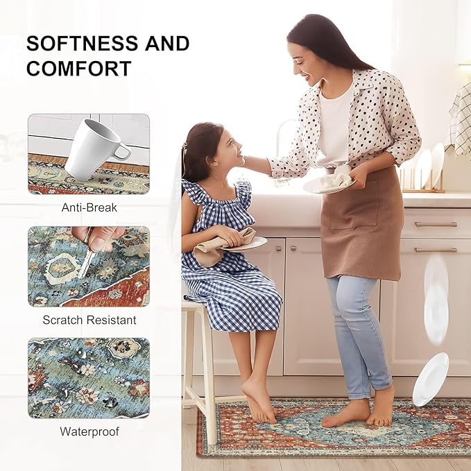 Collive Boho Kitchen Mats 2PCS, Cushioned Kitchen Mat for Floor Anti Fatigue Waterproof Kitchens Rugs Set of 2, Non Skid Comfort Standing Rug for Office, Sink, Laundry, 17"x30"+17"x47"