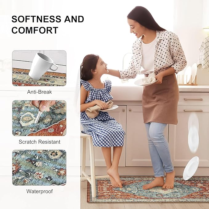 Collive Boho Kitchen Mat 2PCS, Cushioned Anti Fatigue Kitchen Mats for Floor Waterproof Kitchens Rugs Set of 2, Non Slip Comfort Standing Mat for Office, Sink, Laundry, 17"x30"+17"x59"