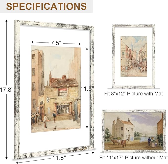 Vittanly 11x17 Picture Frame, Solid Wood Frame with Plexiglass, Includes 8x12 Mat, Wall Hanging for Photos, Home Decor, Distressed White, 1 Pack