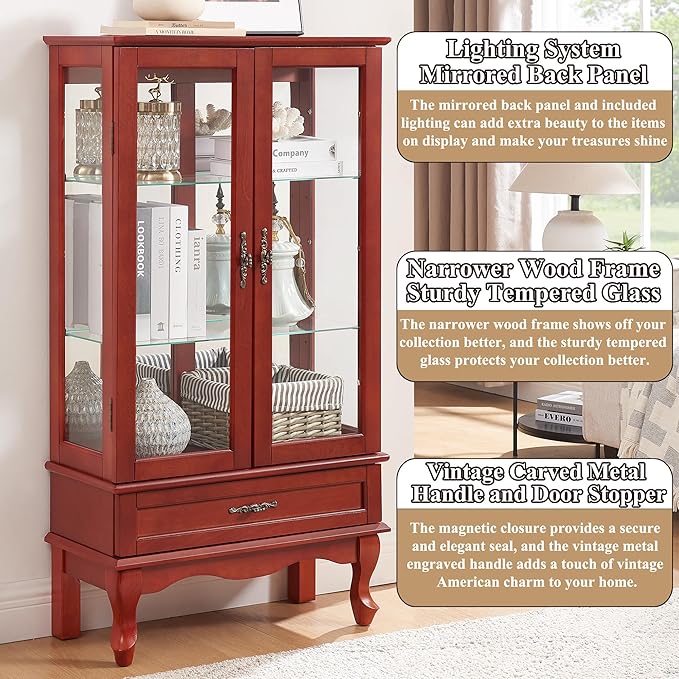 49" H Lighted Curio Cabinet Display Case, Glass Curio Cabinet with Adjustable Shelves,Tempered Glass Door and Drawer, Wooden Cabinets w/Mirrored Back Pane for Living Room (Cherry)