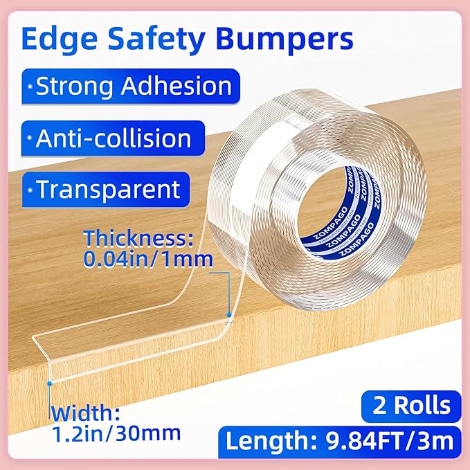 Clear Baby Edge & Corner Protector Strip - 2 Rolls,1.18 in × 9.84 FT Self-Adhesive Safety Bumper, Transparent Anti-Collision Guard for Table,Cabinet, Furniture & Wall | Baby Proofing Essential
