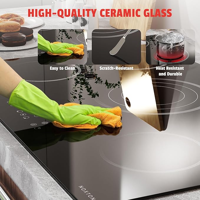 Noxton Electric Cooktop 30 Inch, 5 Burners Electric Stovetop, Drop-in Ceramic Cooktop 30”, Triple Ring, Pause, Timer, Child Safety Lock, 240V Hardwire(NO plug)