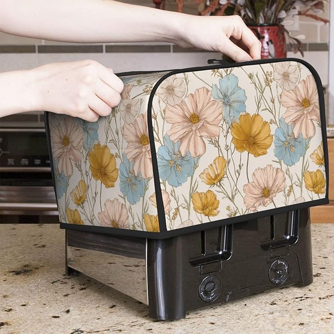 4 Slice Toaster Cover for Kitchen Vintage Flower Botanical Waterproof and Dustproof Toaster Dust Cover with Side Pockets Decorative Universal Cover for Wide Slot Toasters and Small Appliances