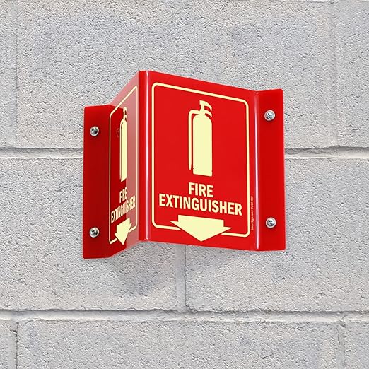 SmartSign "Fire Extinguisher" Two-Sided V-Shaped Projecting Sign with Down Arrow, 6 x 5 inch, 120 mil Thick Glow-In-The-Dark Polished Acrylic, Photoluminescent