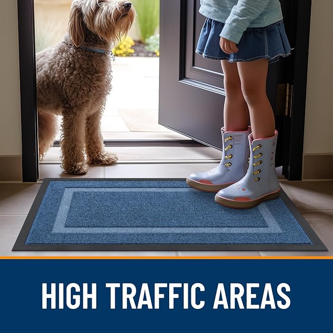 OLANLY Front Door Mat Indoor Outdoor Entrance, Waterproof All-Season, All-Weather Doormat, Sturdy Natural Rubber, Fade Resistant, Low Profile, Easy Clean Patio Porch Entryway Mat, 59x40, Light Blue