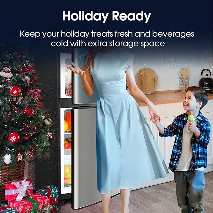3.2 Cu.Ft Double Door Fridge with Freezer, 2 Door Portable Refrigerator for Bedroom, Office, Dorm and Apartment with 7 Temperature Control, LED Light, Adjustable Remove Glass Shelves, Silver