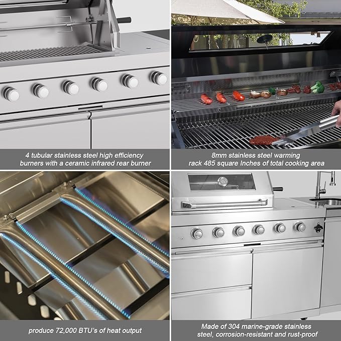 104 Inch Outdoor Kitchen Island, 7200 BTUsGas Grill Combination With Refrigerator and Sink, Outdoor Stainless Steel Barbecue Bar, Propane Grill for Patios, Gardens, Parties