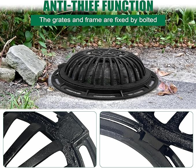20in Ductile Iron Atrium Drain Grate and Frame, Dome Durable Metal Overflow Relief Gully Dome Grate with Bolted Down Base, Cast Iron Sewage Drain Grates for Garden,Yard,Lawn(Overall Size 23")