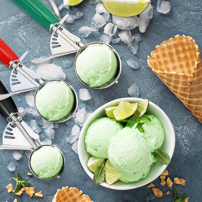 3 Pcs Release Cookie Scoops Ice Cream Scooper with Trigger Release Portion Scoop Stainless Steel for Portion Control, Baking Food, Cookie Dough (2.65 Oz+1.33 Oz+ 0.75 oz,Green,Red,Black)
