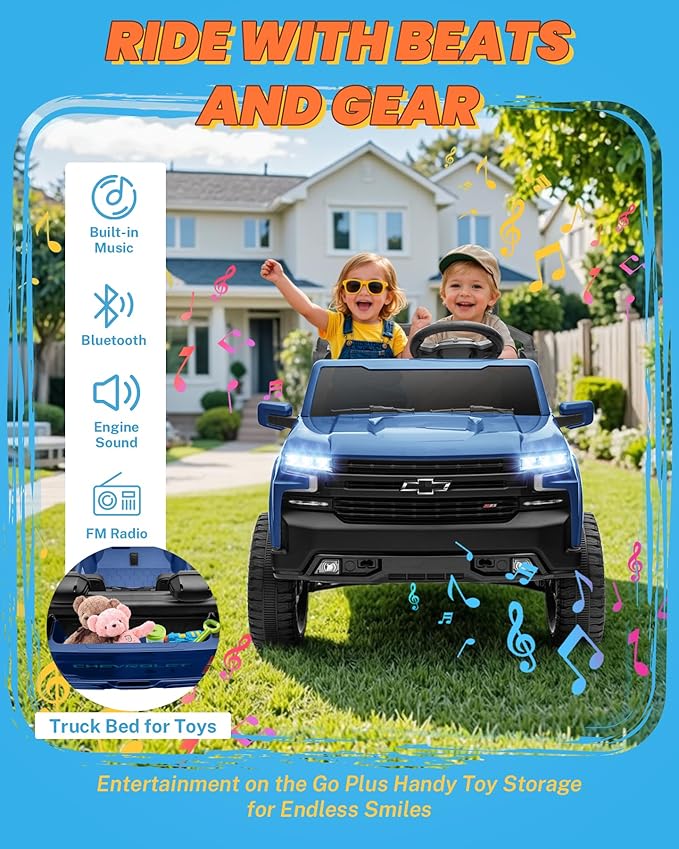 ENYOPRO 2 Seater Ride on Car for Kids, 24V Licensed Chevy Silverado LT Trail Boss Battery Powered Electric Car for Toddlers w/Remote Control, Metal Suspension, Soft Start, Bluetooth, LED Lights (Blue)