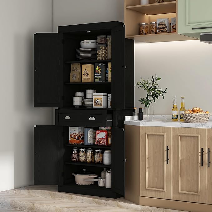 HOMCOM 72.5" Kitchen Pantry Cabinet, Traditional Freestanding Storage Cabinet with 4 Doors, Drawer and 3 Adjustable Shelves for Dining Room, Black Wood Grain