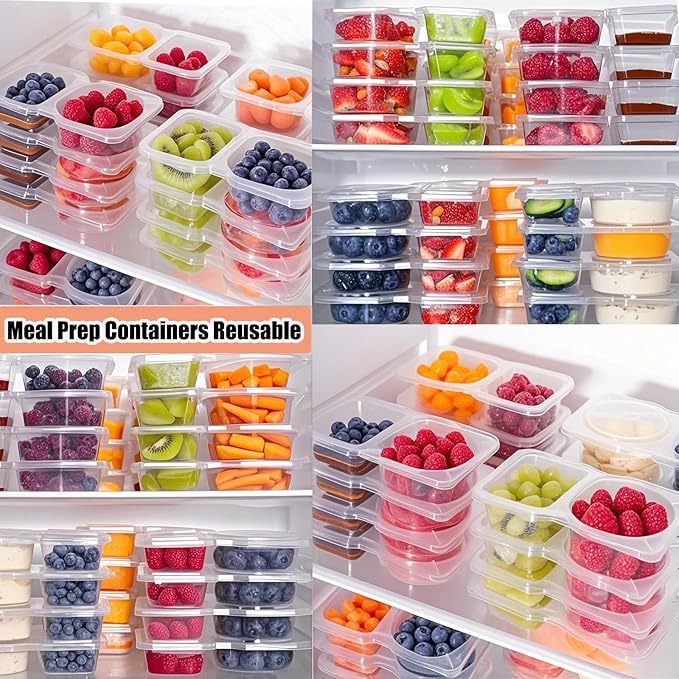 20 Pack Reusable Snack Containers with Lids, Double Compartment Snack Containers for kids & Adults -2 Compartment Condiment Containers, Dishwasher & Microwave Safe, for Portion Control, Meal Prep
