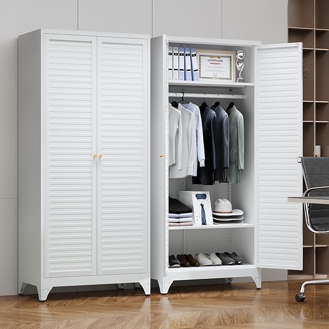 71" Metal Wardrobe Cabinet with Hanging Rod,Armoire Wardrobe Closet with Doors and Adjustable Shelves, Whiet Clothing Storage Cabinets for Bedroom,Office,School,Hospital
