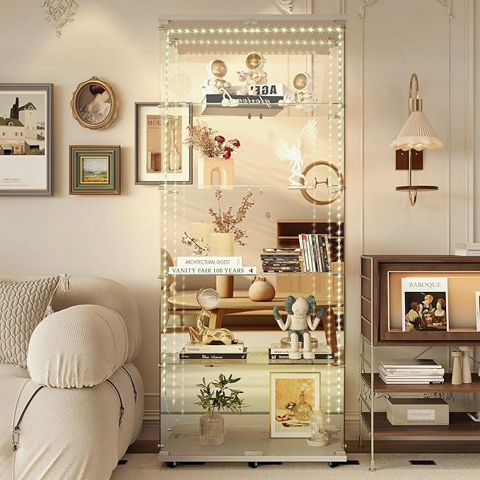 Yoluckea 5 Tiers Glass Display Cabinet with Bluetooth LED Light Strip, 2 Doors Floor Standing Curio Cabinet with Universal Wheel and Mirror Back Panel, White Glass Bookshelf for Collections, Wood Top
