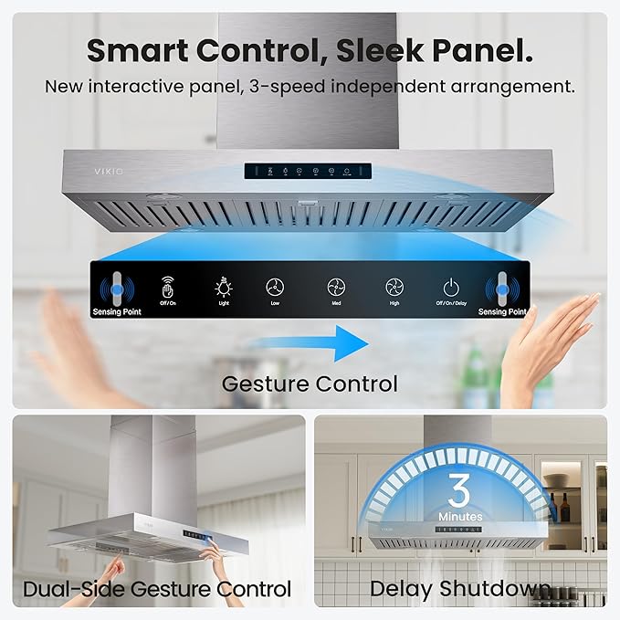 Island Range Hood 36 Inch, 980 CFM Island Mount Range Hood with Dual-Sided Touch/Gesture Control, Ceiling Mount kitchen Hood, Convertible Ducted/Ductless, 3-Speed Fan&4 LED Lights, 3 Baffle Filters