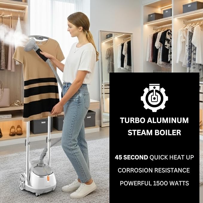 SALAV® Professional Standing Garment Steamer with Retractable Power Cord, Foot Pedal Control, Wheels for Easier Movement (Silver)