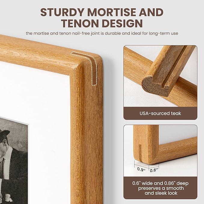 Axeman 6x8 Picture Frame - Solid Teak Wood Frame With Mat for 5x7 - Rounded Corner 6x8 Frame with Tempered Glass for Tabletop Display