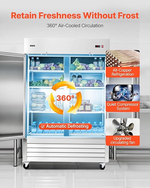 VEVOR Commercial Reach-In Refrigerator 54" W, 44 Cu.Ft Stainless Steel Upright Refrigerator with Double Doors, Auto-Defrost, 8 Adjustable Shelves, 32 to 50℉ Temp Control, ETL Certified