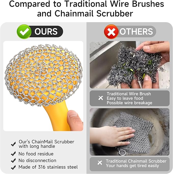 SUBEKYU Cast Iron Scrubber with Silicone Handle, Stainless Steel Skillet Cleaner for Cast Iron Pans (Yellow Scrubber + Scraper)