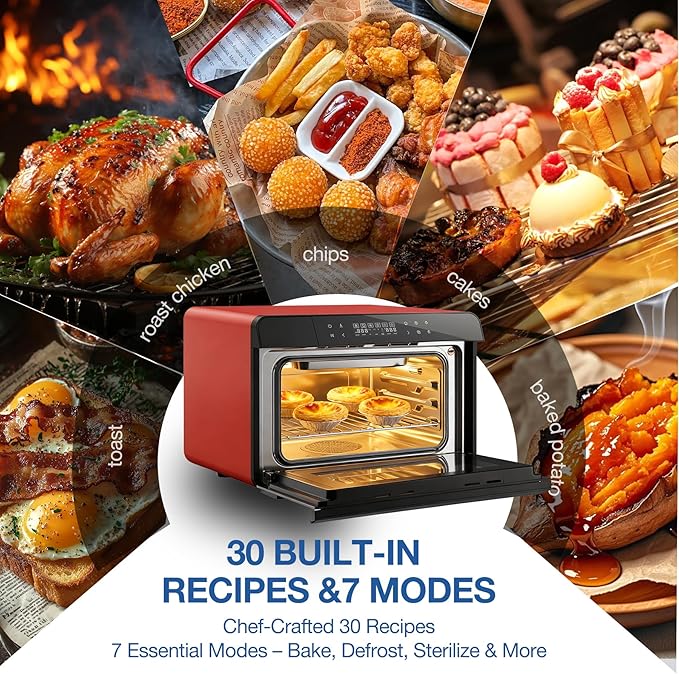 ROBAM Countertop Combi Steam Oven, 20-in-1 Multifunction Air Fryer, Convection Steam Roast & Bake, Multi-Stage Cooking, Self-Clean, Heat-Resistant, 7 Modes, 30 Built-In Recipes CT763 (Red)
