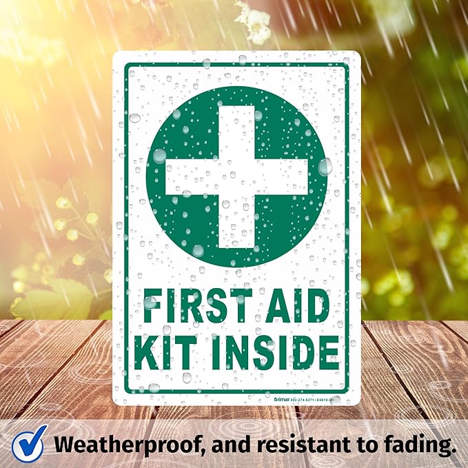 Brimar - 7" x 10" - First Aid Kit Inside Sign - 3.5 Mil InfiniStick™ Vinyl Label - Easy Installation - High Visibility