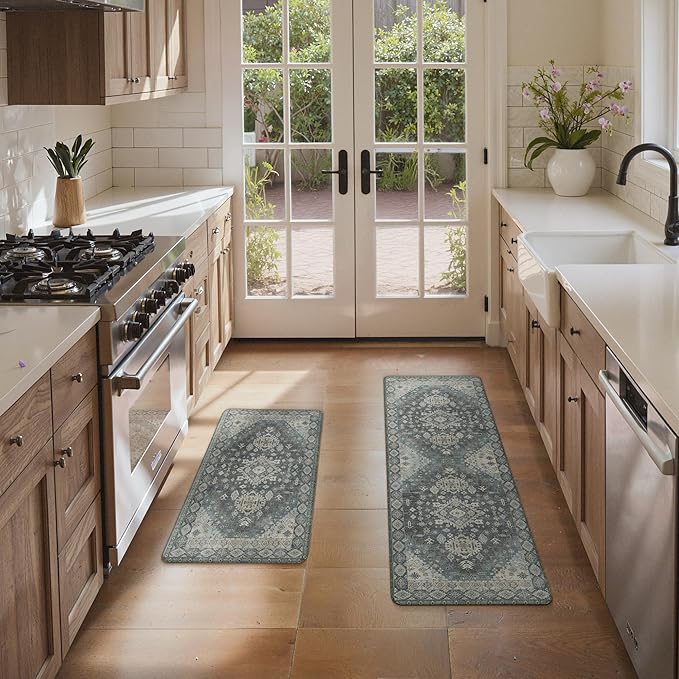 GENIMO Kitchen Mats for Floor, 2PCS Kitchen Rugs Non Slip Washable, Waterproof Anti Fatigue Mat, Comfort Standing Runner Rug for Sink, Office, Laundry, Home, 17.3"x47"+17.3"x30", Slate Blue
