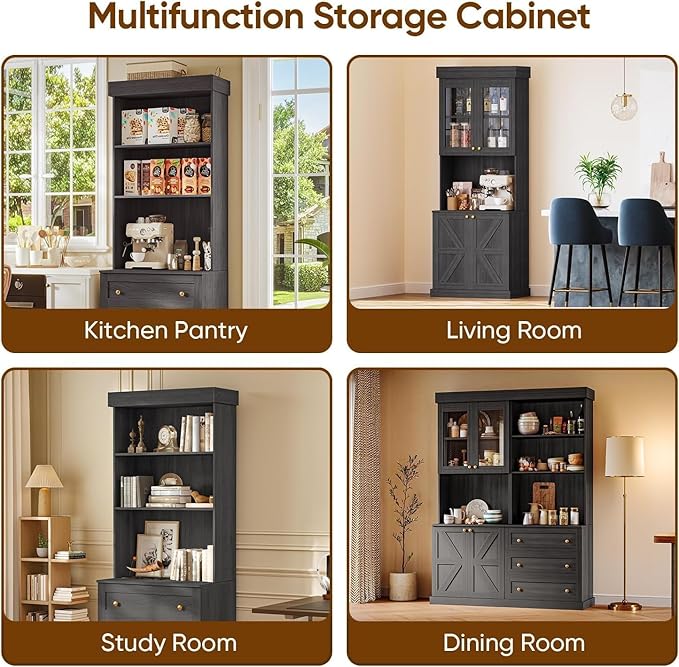 Vyre 71" Farmhouse Pantry Cabinet Set of 3, Large Storage Hutch with Glass Doors, Drawers and Adjustable Shelves, Freestanding Coffee Bar with Microwave Stand for Kitchen or Living Room, Black