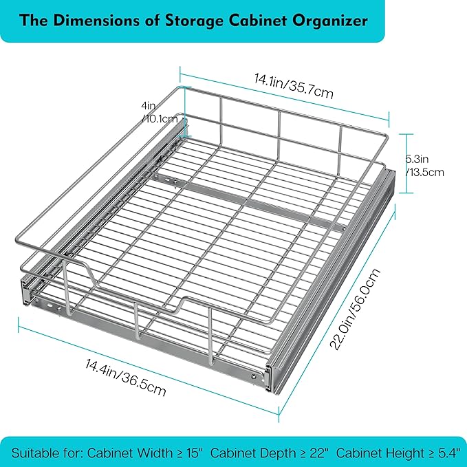 Pull Out Cabinet Organizer 15" W X 22" D, Slide Out Drawers For Kitchen Organizers and Storage, Pull Out Drawers For Cabinets Capacity Heavy Duty Caddy, Cabinet Shelves Chrome-Plated, Bathroom Pantry