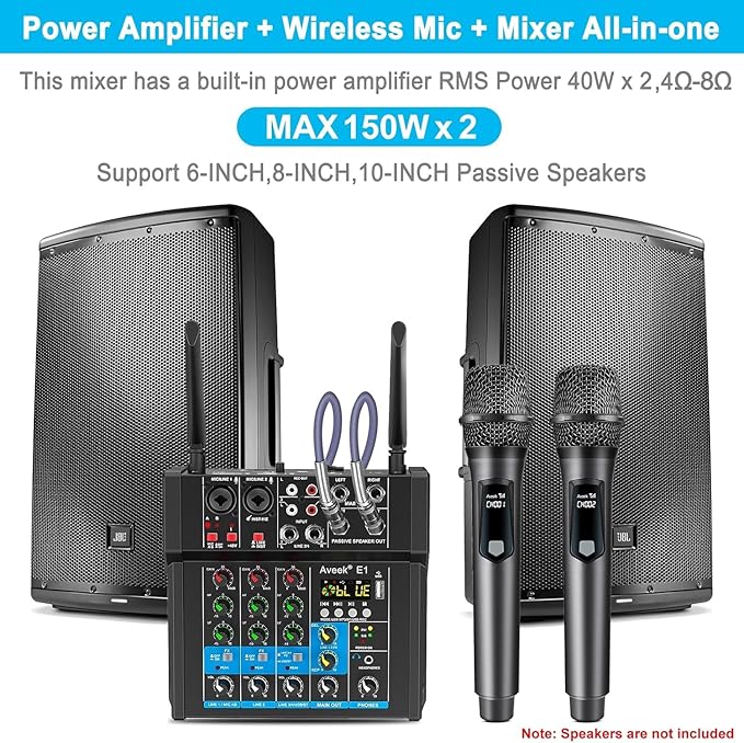 Aveek 150W x2 Powered Amplifier Audio Mixer,4 Channel with Dual Wireless Mic Sound Board Console MP3 Digital USB Bluetooth Computer Input 48V Phantom Power Stereo DJ Mixing for Karaoke Party
