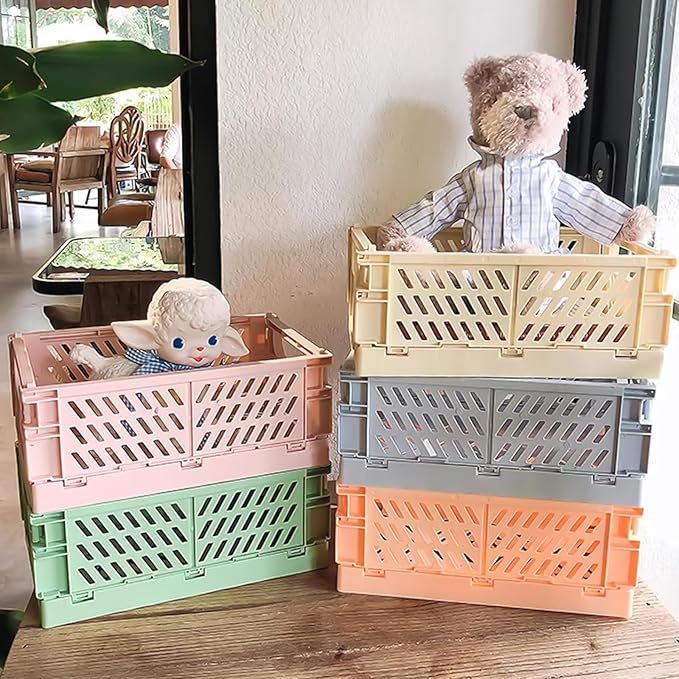 Small Pastel Plastic Storage Bins 2Pcs Foldable Pastel Crates Plastic Basket Colorful Storage Containers Baskets for Classroom Kitchen Office Bedroom Desktop Home Decor (Green 9.8" x 6.5" x 3.8")