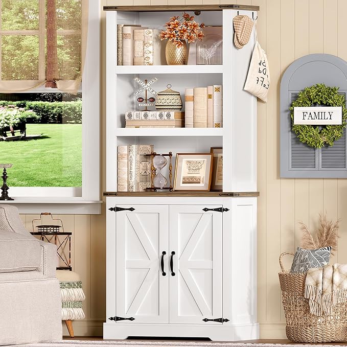 TEENFON 70.9in Tall Storage Cabinet with Adjustable Shelves, 5-Tier Bookshelf with Barn Doors, White Farmhouse Wood Bookcase for Living Room, Bedroom