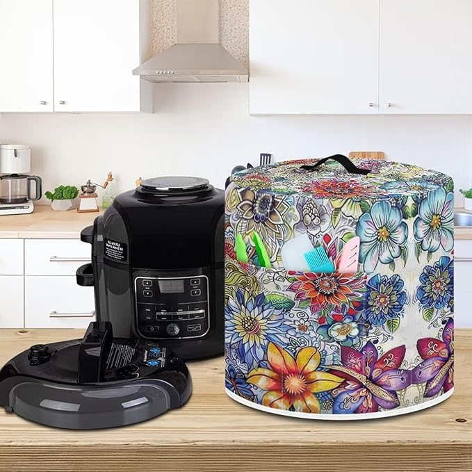 Flashideas Colorful Flowers Pressure Cooker Cover for Women Dust-proof Cover for Rice Cooker Air Fryer Kitchen Appliance Covers with Top Handle and Pocket Home Kitchen Decor Gifts for Friends