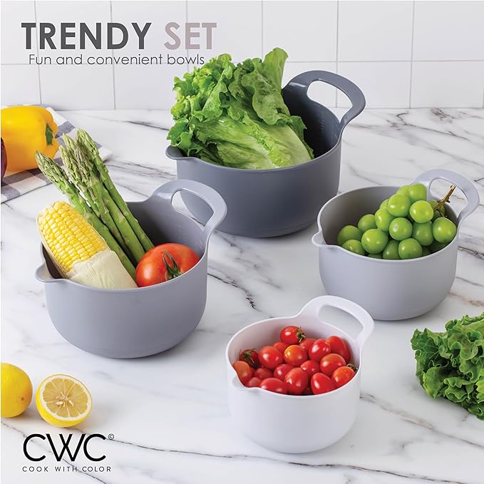 COOK WITH COLOR Nesting Plastic Mixing Bowl Set with Pour Spouts and Handles, Grey, 4 Piece Non-Slip