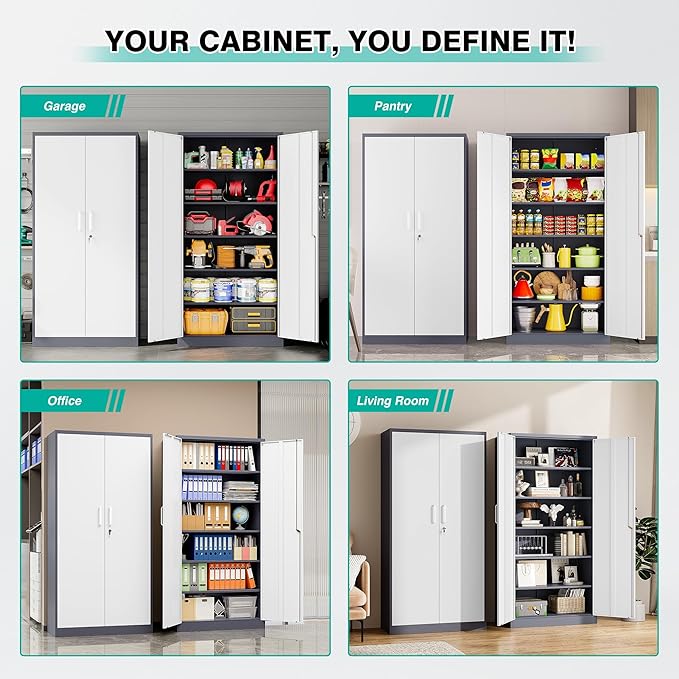 Wide & Deep Metal Storage Cabinet with 2 Doors and 5 Adjustable Shelves,72 inch Tall Locking Garage Storage Cabinet with Lock,Gray White Pantry Cabinets,Steel Cabinets for Home,Office,Garage 72x36x18